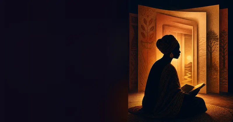 A storyteller opening a book before a corridor of illuminated pages